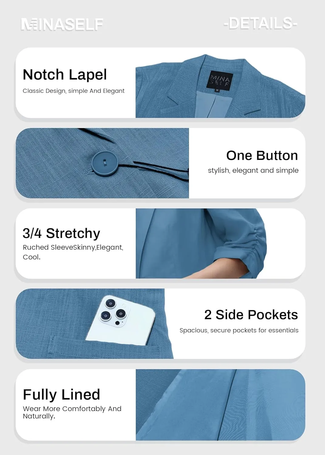 2025 Summer Linen Blazer Women Lightweight 3/4 Stretchy Ruched Sleeve Fully-Lined Casual Work Jacket with Pockets