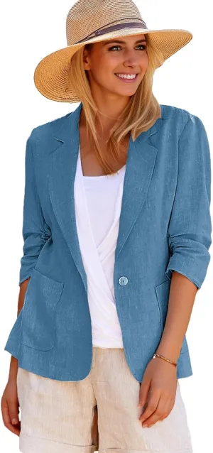 2025 Summer Linen Blazer Women Lightweight 3/4 Stretchy Ruched Sleeve Fully-Lined Casual Work Jacket with Pockets