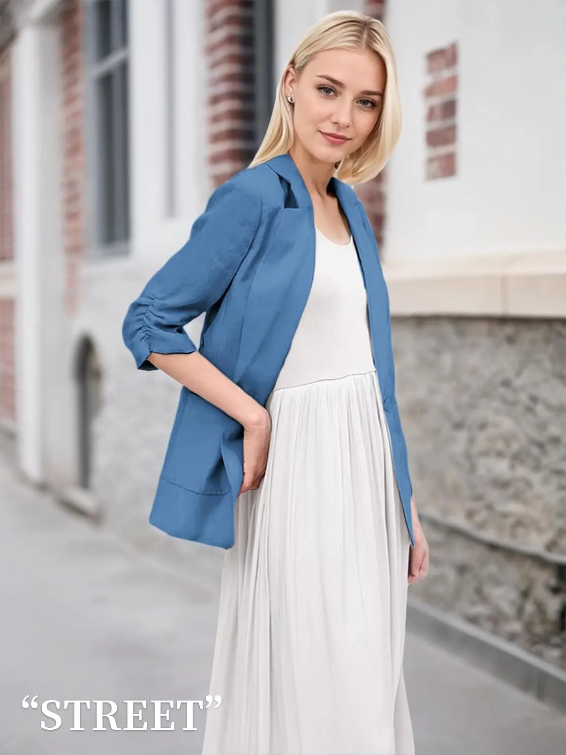 2025 Summer Linen Blazer Women Lightweight 3/4 Stretchy Ruched Sleeve Fully-Lined Casual Work Jacket with Pockets