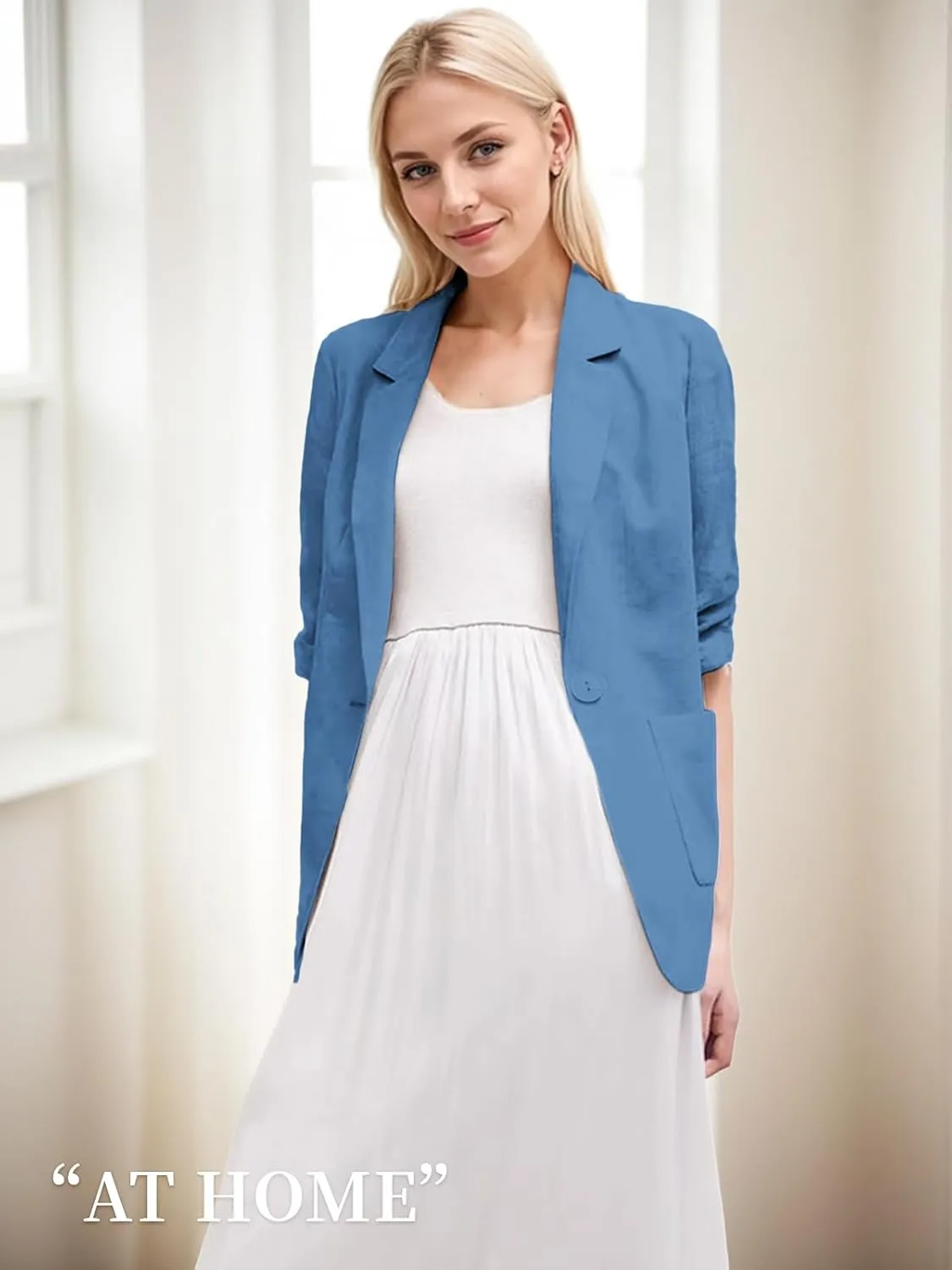 2025 Summer Linen Blazer Women Lightweight 3/4 Stretchy Ruched Sleeve Fully-Lined Casual Work Jacket with Pockets