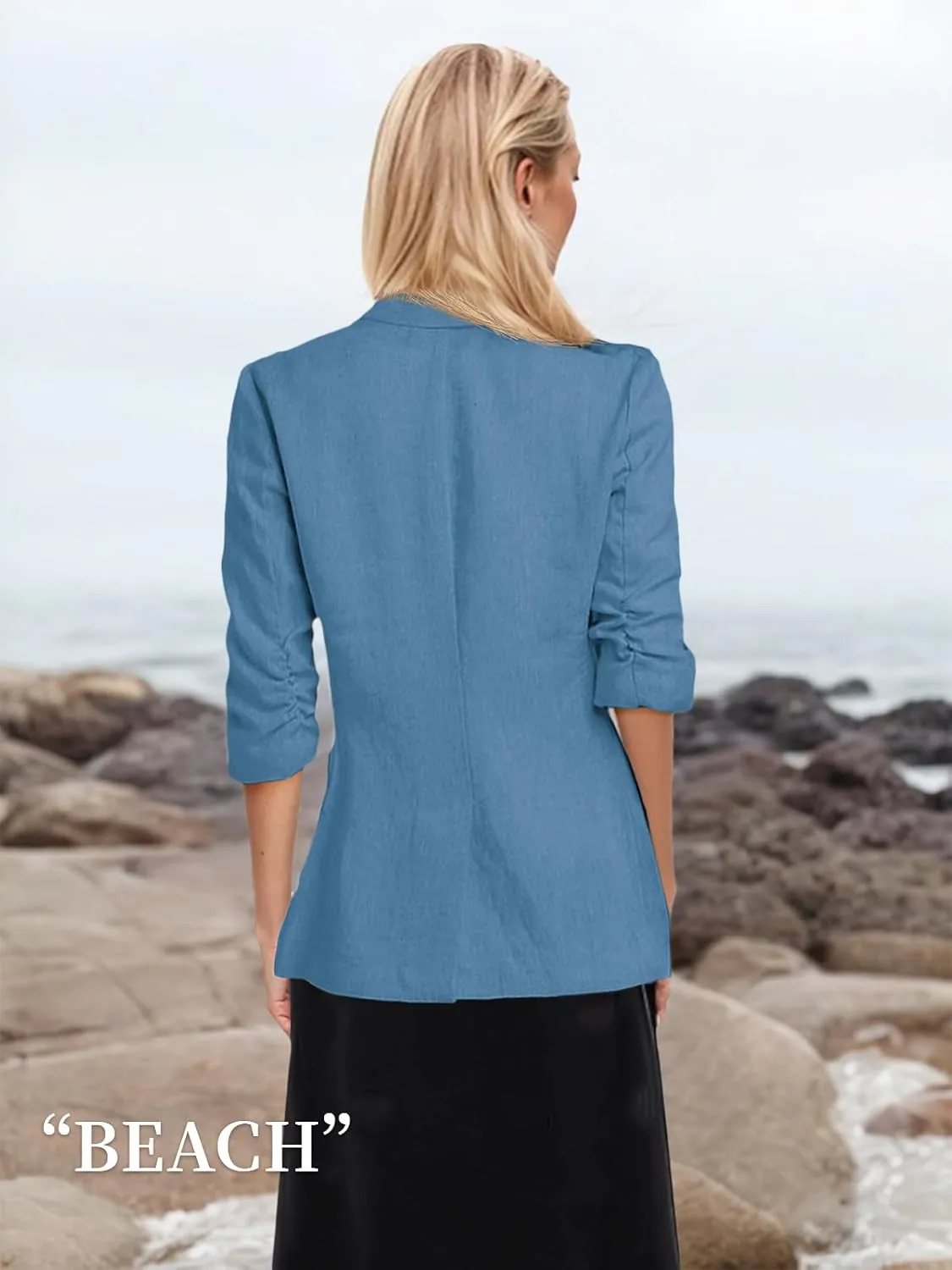 2025 Summer Linen Blazer Women Lightweight 3/4 Stretchy Ruched Sleeve Fully-Lined Casual Work Jacket with Pockets