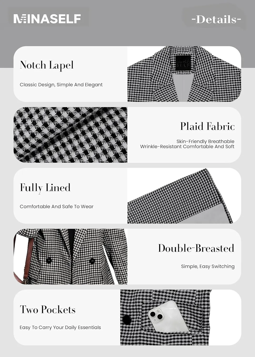2025 Women's Spring Fall Plaid Houndstooth Blazer Jacket Button Notch-Lapel Business Casual Elegant Work Suit with Pockets