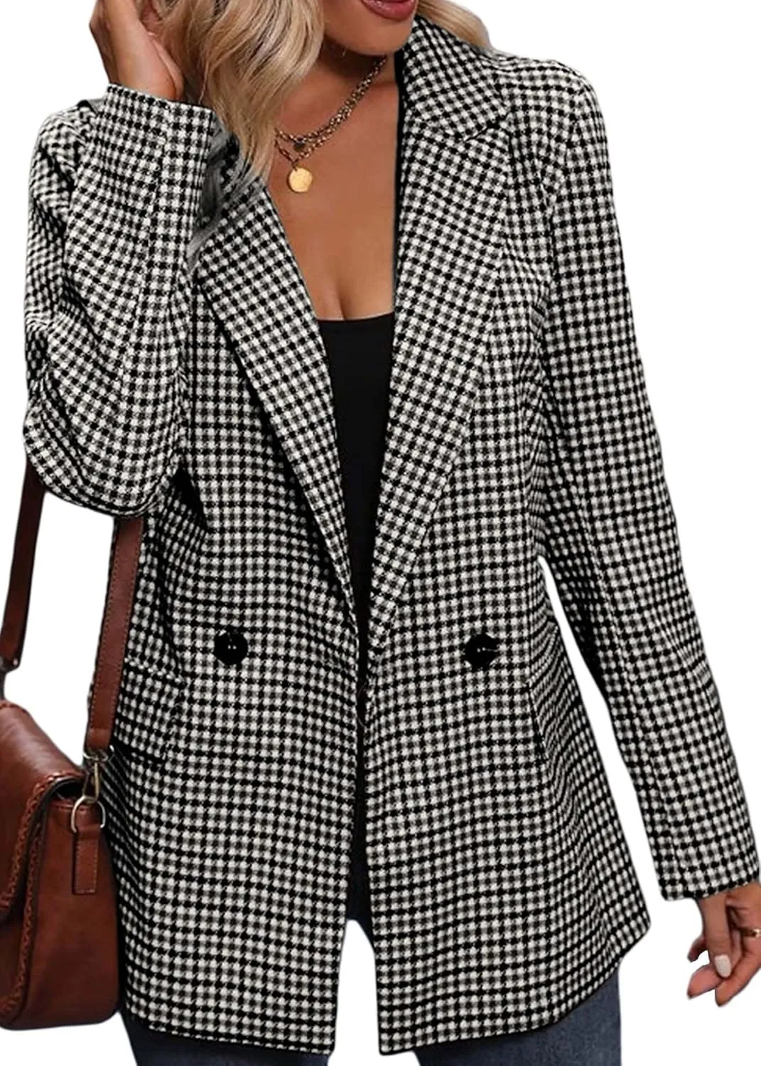 2025 Women's Spring Fall Plaid Houndstooth Blazer Jacket Button Notch-Lapel Business Casual Elegant Work Suit with Pockets
