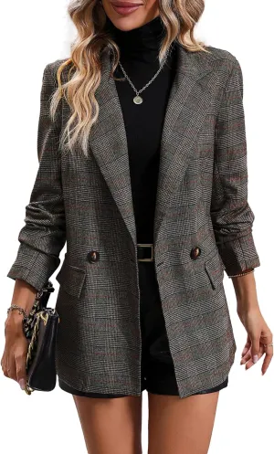 2025 Women's Spring Fall Plaid Houndstooth Blazer Jacket Button Notch-Lapel Business Casual Elegant Work Suit with Pockets
