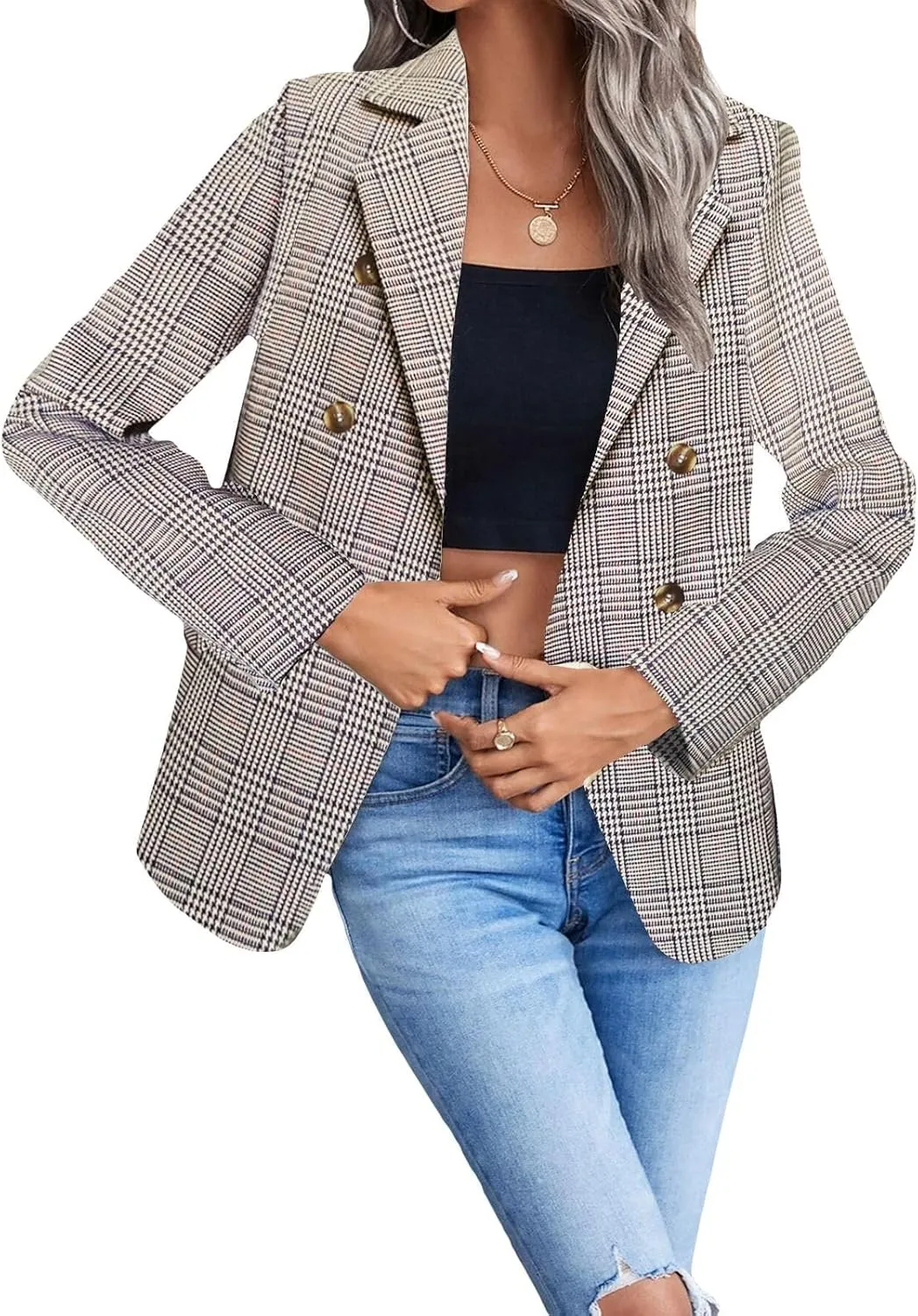 2025 Women's Spring Fall Plaid Houndstooth Blazer Jacket Button Notch-Lapel Business Casual Elegant Work Suit with Pockets