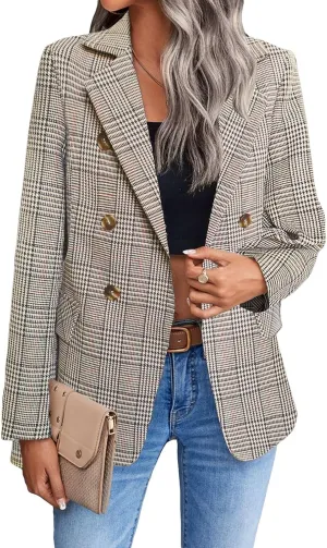 2025 Women's Spring Fall Plaid Houndstooth Blazer Jacket Button Notch-Lapel Business Casual Elegant Work Suit with Pockets