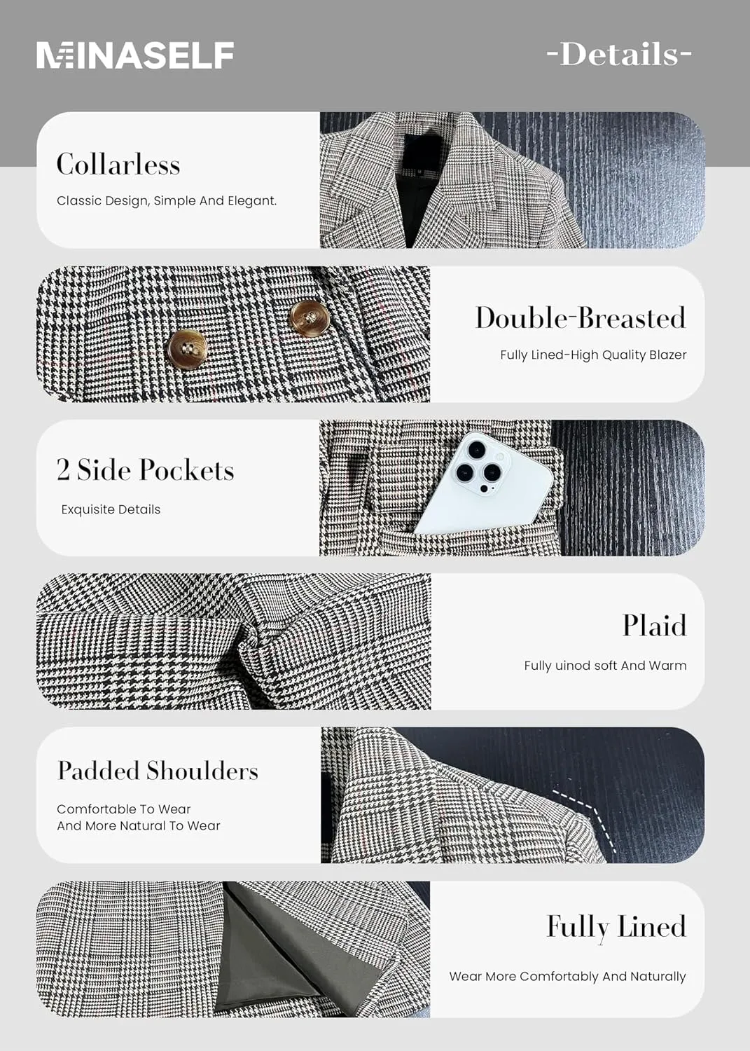 2025 Women's Spring Fall Plaid Houndstooth Blazer Jacket Button Notch-Lapel Business Casual Elegant Work Suit with Pockets