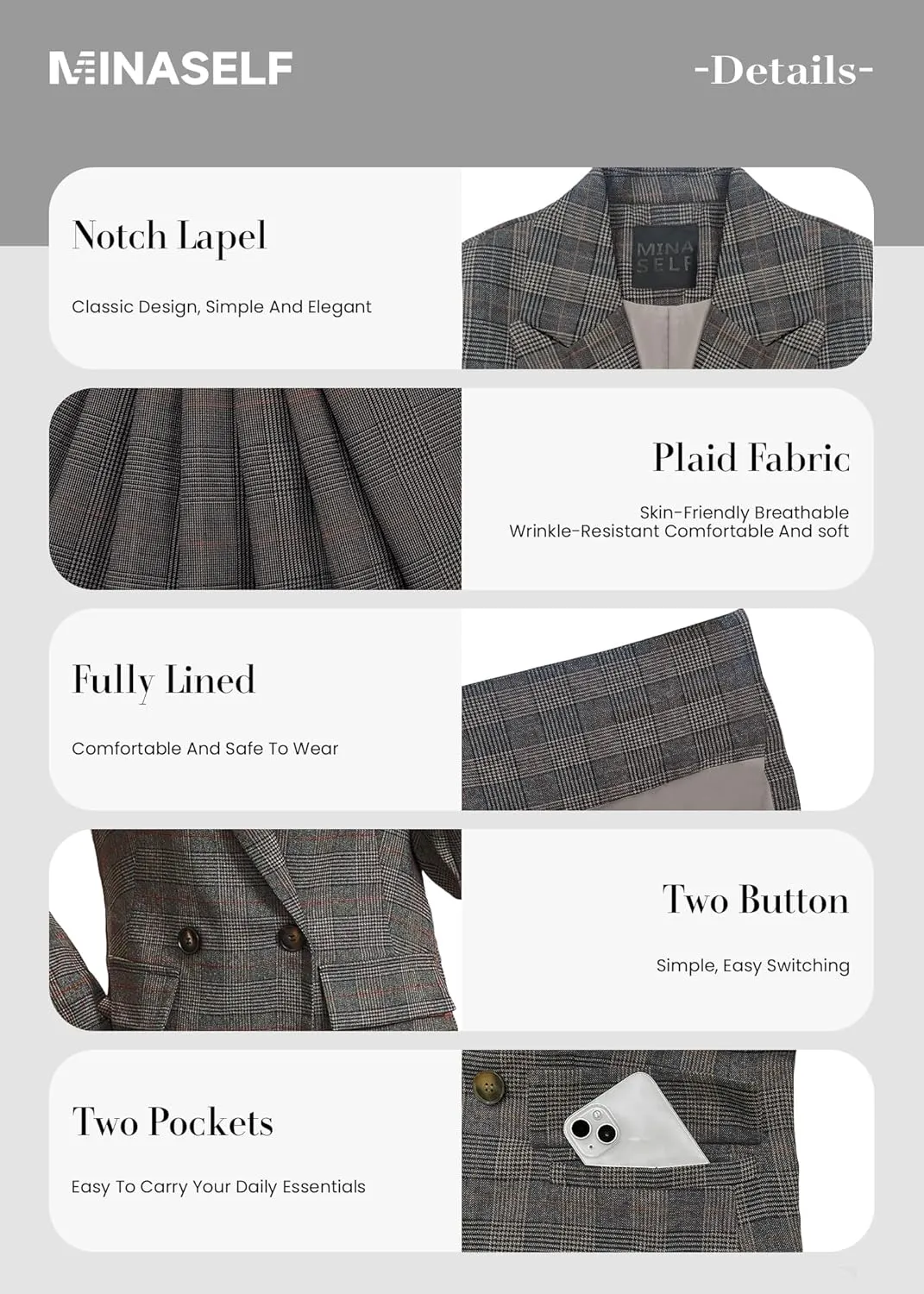 2025 Women's Spring Fall Plaid Houndstooth Blazer Jacket Button Notch-Lapel Business Casual Elegant Work Suit with Pockets