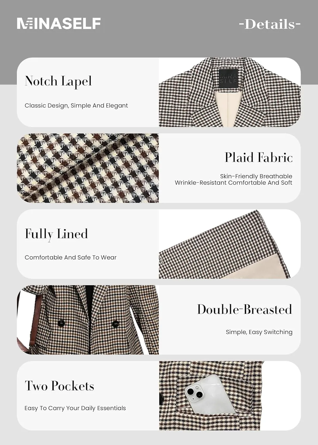 2025 Women's Spring Fall Plaid Houndstooth Blazer Jacket Button Notch-Lapel Business Casual Elegant Work Suit with Pockets