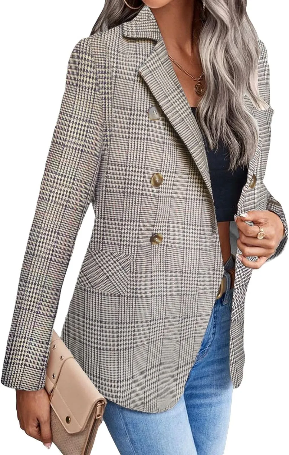 2025 Women's Spring Fall Plaid Houndstooth Blazer Jacket Button Notch-Lapel Business Casual Elegant Work Suit with Pockets