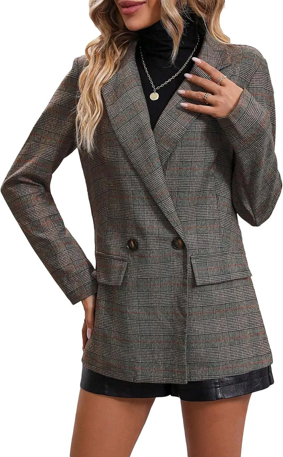 2025 Women's Spring Fall Plaid Houndstooth Blazer Jacket Button Notch-Lapel Business Casual Elegant Work Suit with Pockets