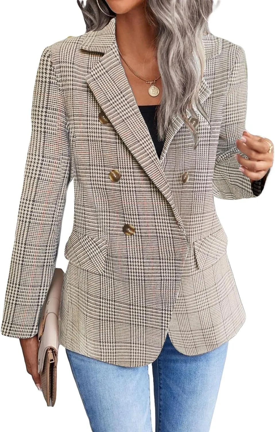 2025 Women's Spring Fall Plaid Houndstooth Blazer Jacket Button Notch-Lapel Business Casual Elegant Work Suit with Pockets