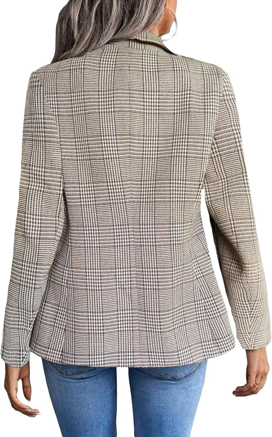 2025 Women's Spring Fall Plaid Houndstooth Blazer Jacket Button Notch-Lapel Business Casual Elegant Work Suit with Pockets