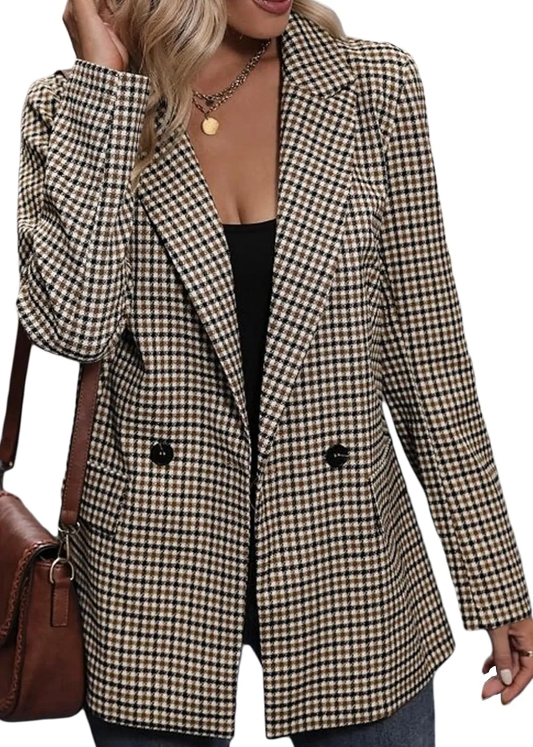 2025 Women's Spring Fall Plaid Houndstooth Blazer Jacket Button Notch-Lapel Business Casual Elegant Work Suit with Pockets