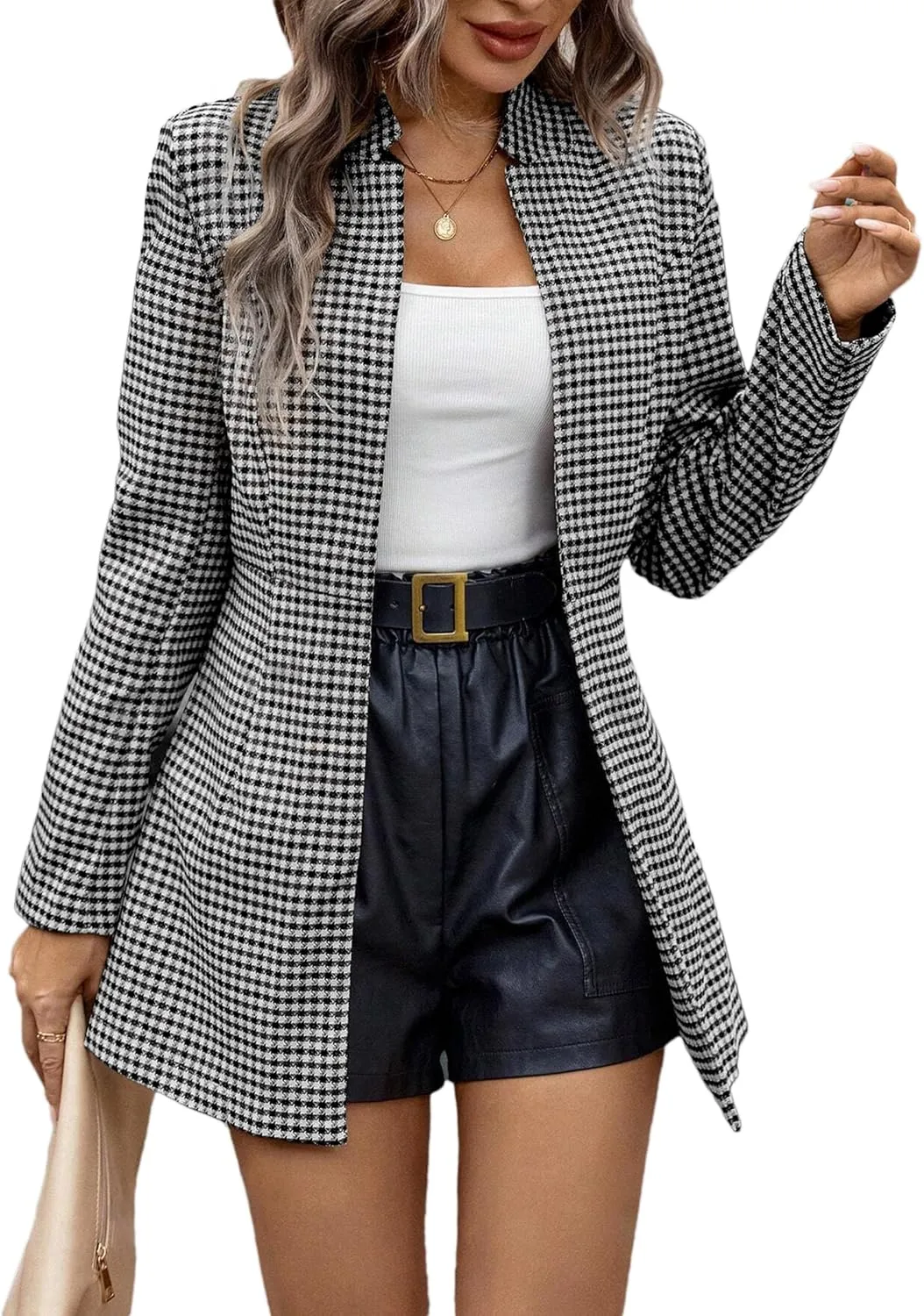 2025 Womens Spring Long Plaid Blazer Jacket Houndstooth Notch-Collar Open Front Fashion Casual Suit with Pockets