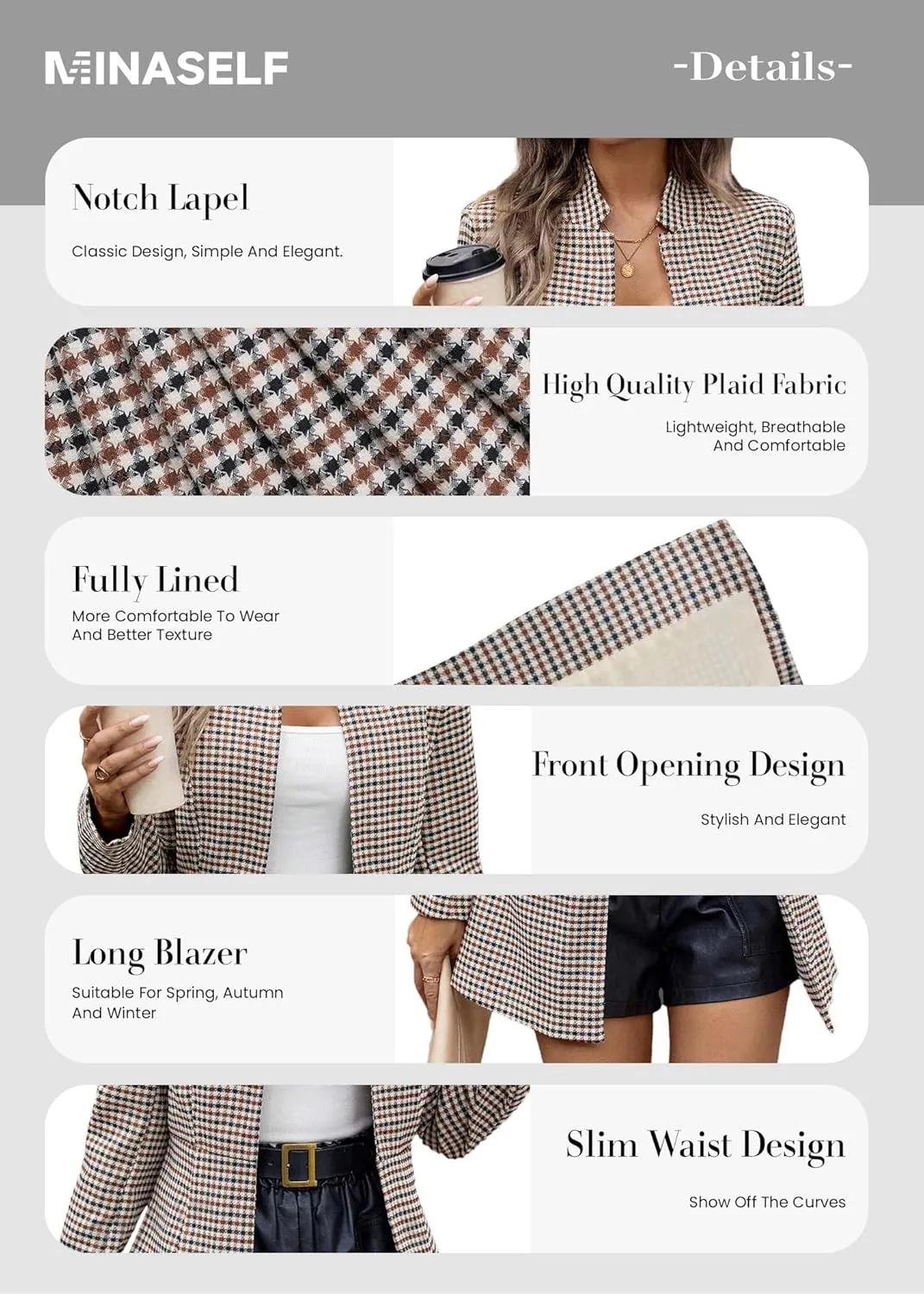 2025 Womens Spring Long Plaid Blazer Jacket Houndstooth Notch-Collar Open Front Fashion Casual Suit with Pockets