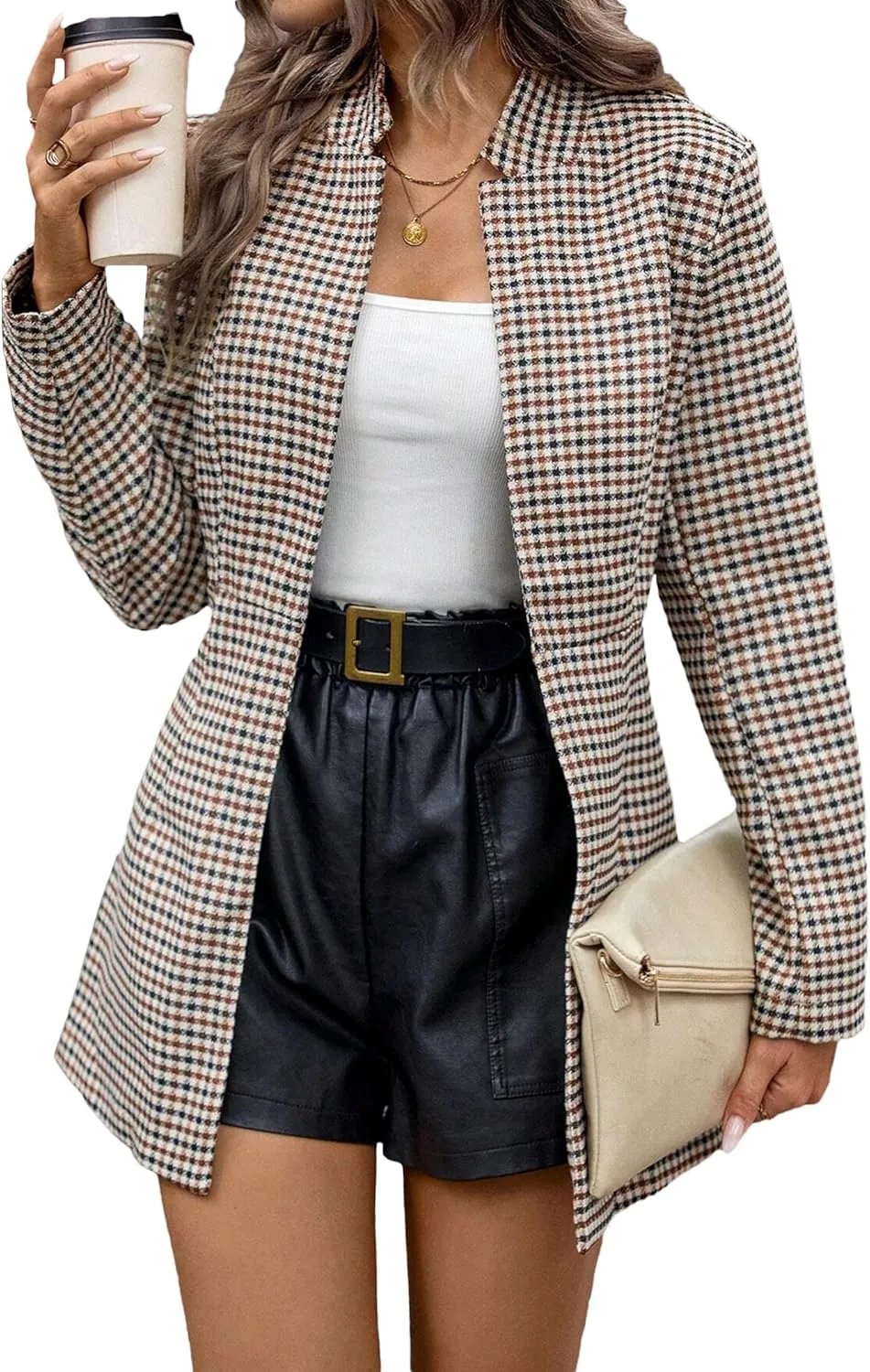 2025 Womens Spring Long Plaid Blazer Jacket Houndstooth Notch-Collar Open Front Fashion Casual Suit with Pockets