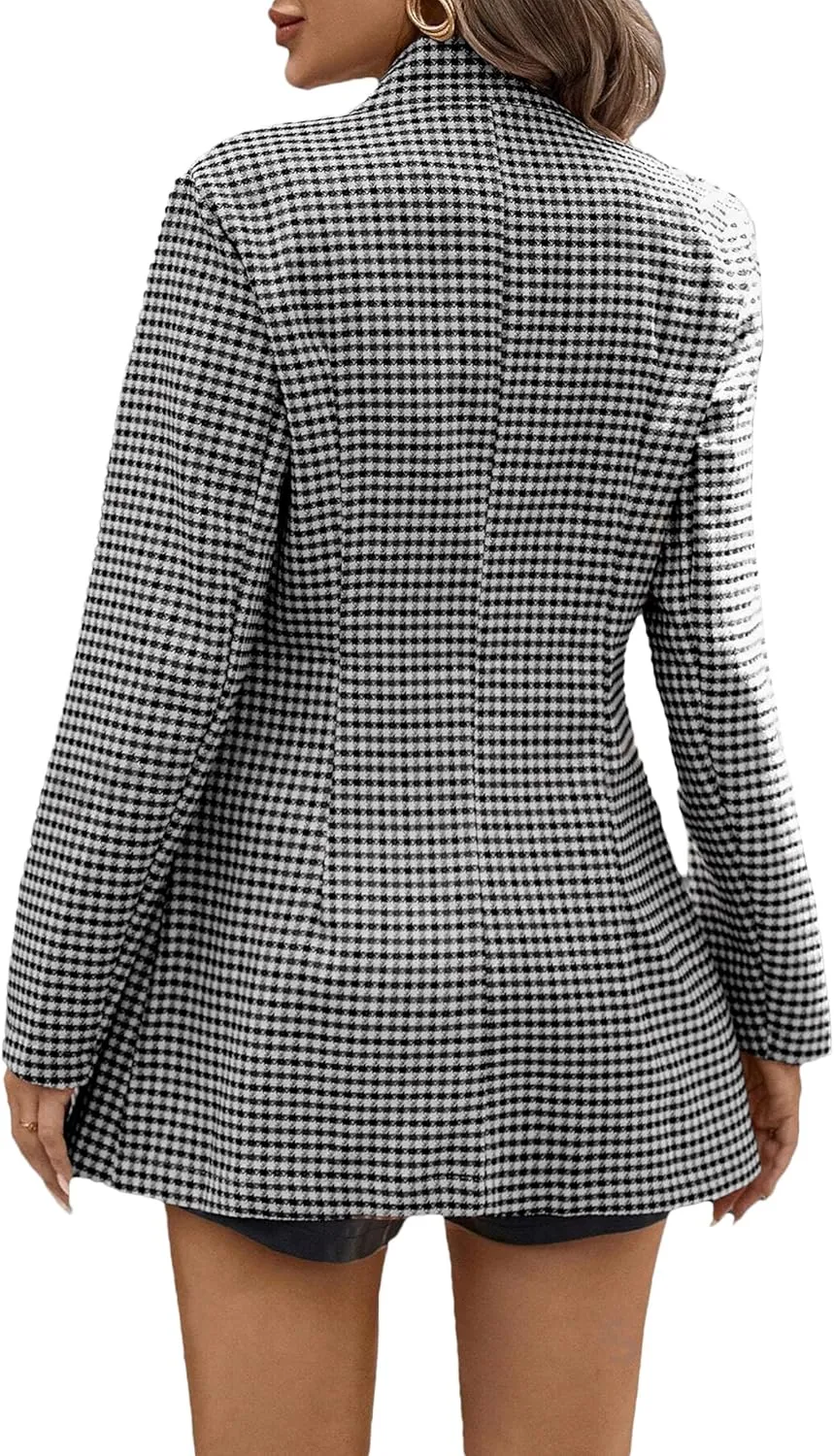 2025 Womens Spring Long Plaid Blazer Jacket Houndstooth Notch-Collar Open Front Fashion Casual Suit with Pockets