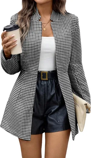 2025 Womens Spring Long Plaid Blazer Jacket Houndstooth Notch-Collar Open Front Fashion Casual Suit with Pockets