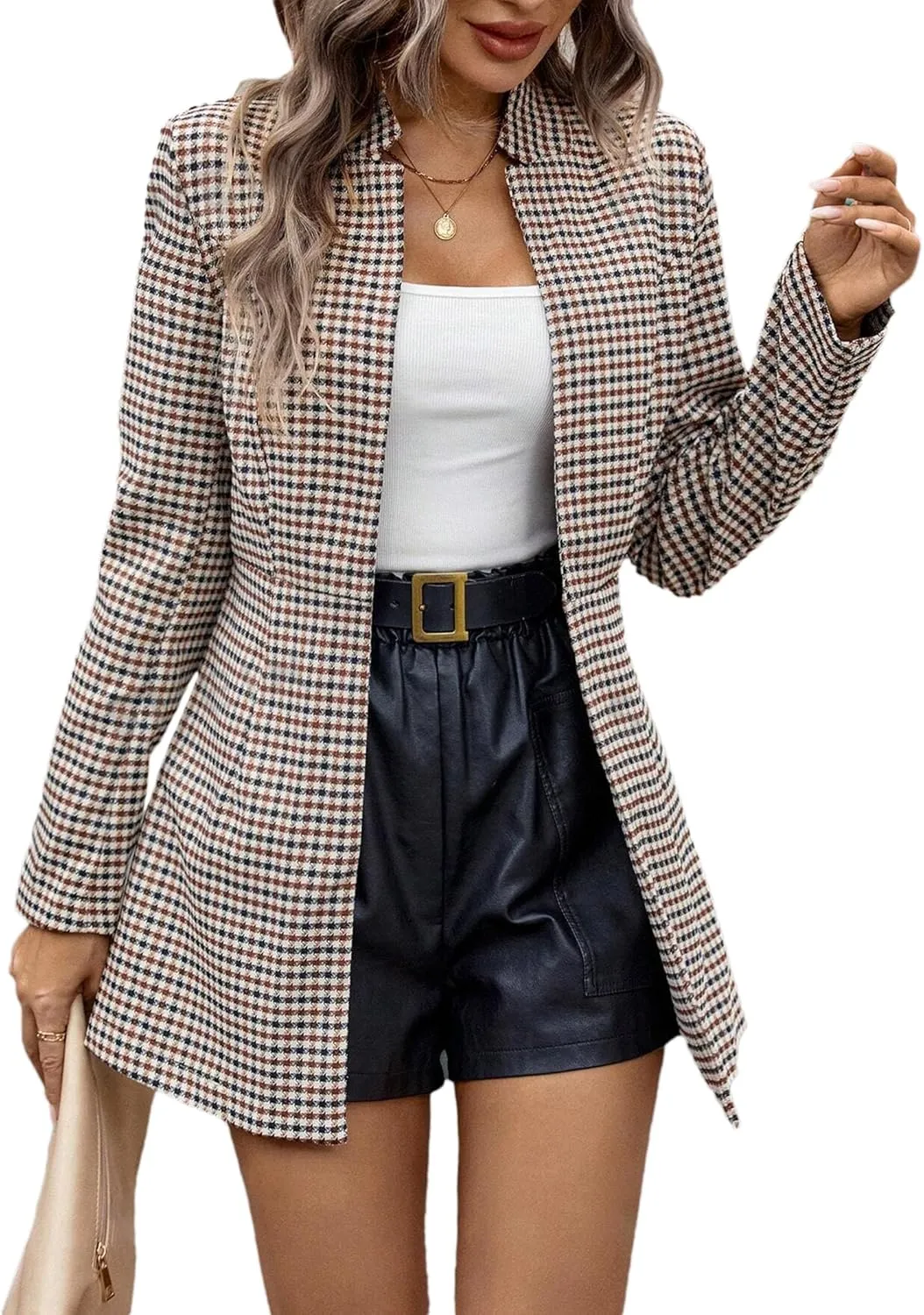 2025 Womens Spring Long Plaid Blazer Jacket Houndstooth Notch-Collar Open Front Fashion Casual Suit with Pockets