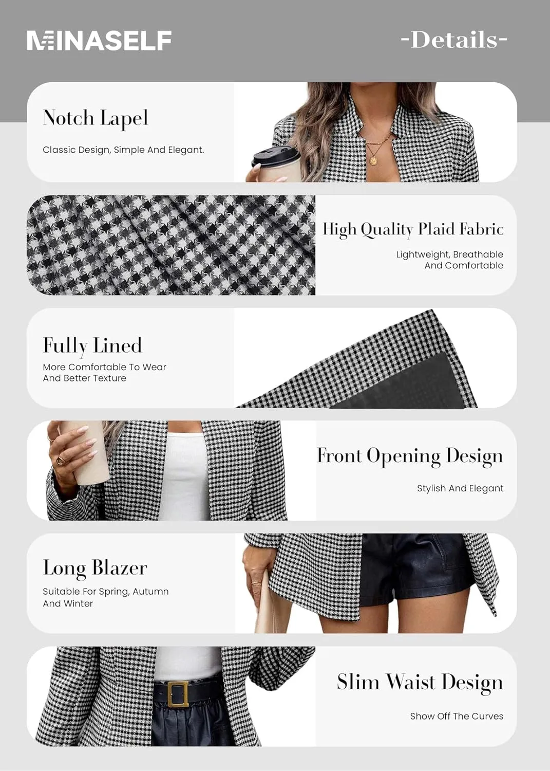 2025 Womens Spring Long Plaid Blazer Jacket Houndstooth Notch-Collar Open Front Fashion Casual Suit with Pockets