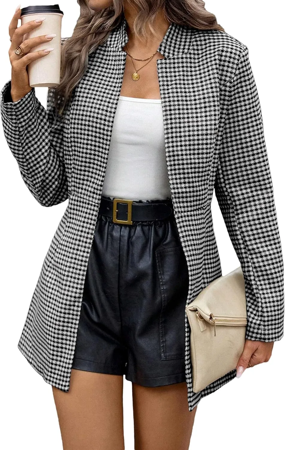 2025 Womens Spring Long Plaid Blazer Jacket Houndstooth Notch-Collar Open Front Fashion Casual Suit with Pockets