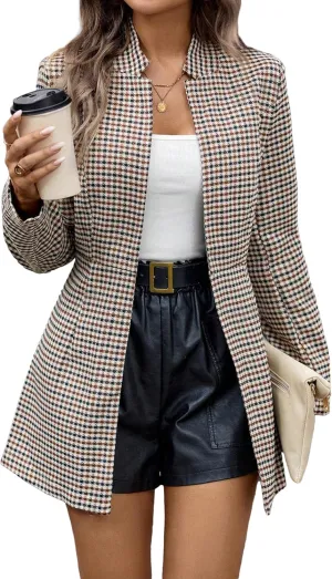2025 Womens Spring Long Plaid Blazer Jacket Houndstooth Notch-Collar Open Front Fashion Casual Suit with Pockets