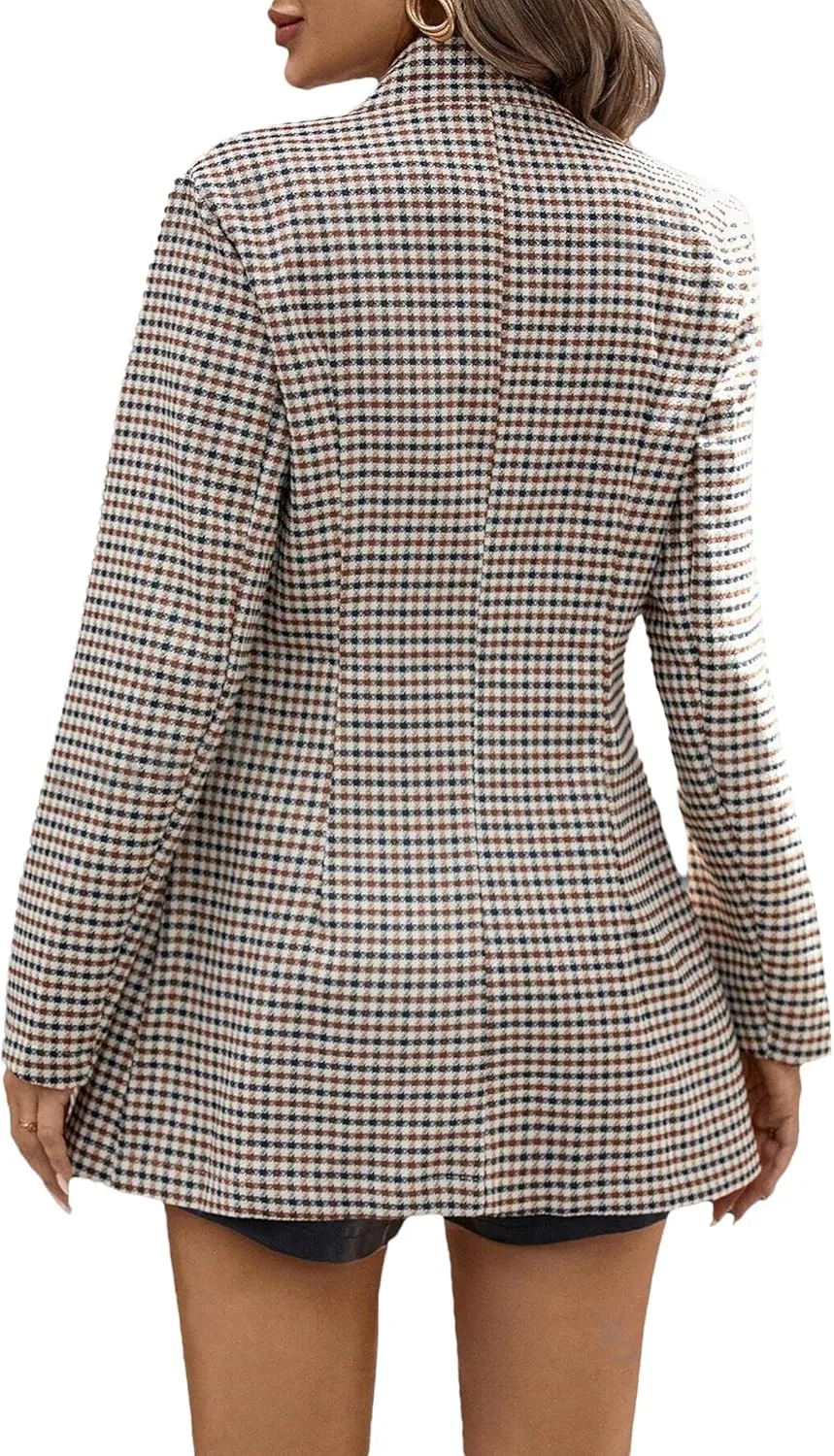 2025 Womens Spring Long Plaid Blazer Jacket Houndstooth Notch-Collar Open Front Fashion Casual Suit with Pockets