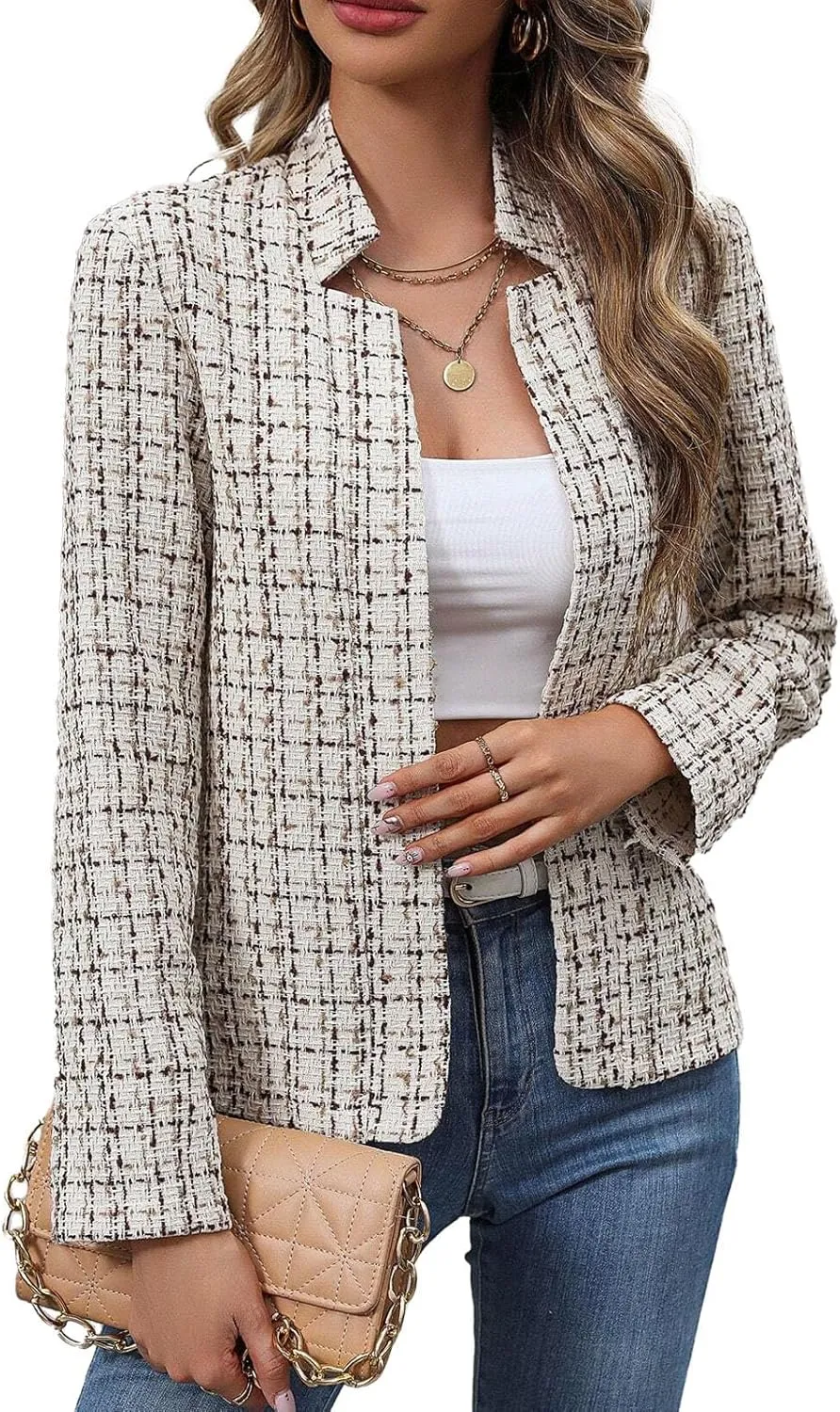 2025 Women's Tweed Blazer Lightweight Plaid Open-Front Stand-Collar Fully-Lined Casual Fashion Elegant Jacket