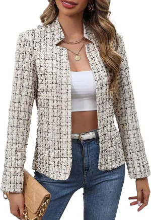 2025 Women's Tweed Blazer Lightweight Plaid Open-Front Stand-Collar Fully-Lined Casual Fashion Elegant Jacket