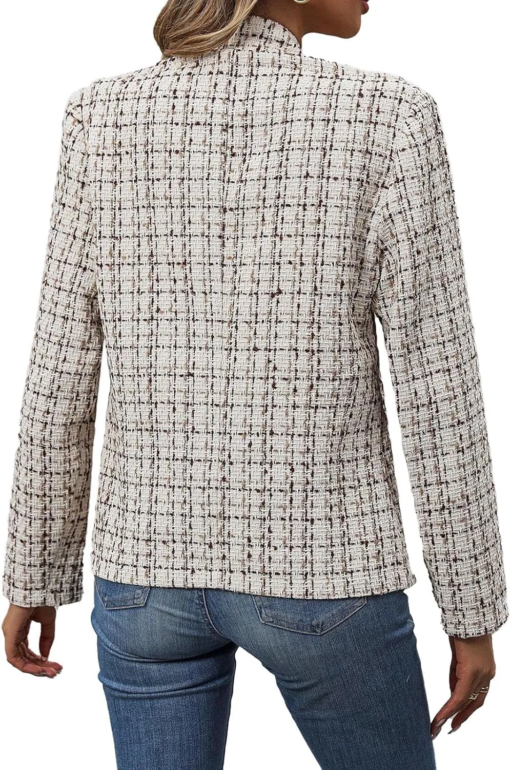 2025 Women's Tweed Blazer Lightweight Plaid Open-Front Stand-Collar Fully-Lined Casual Fashion Elegant Jacket