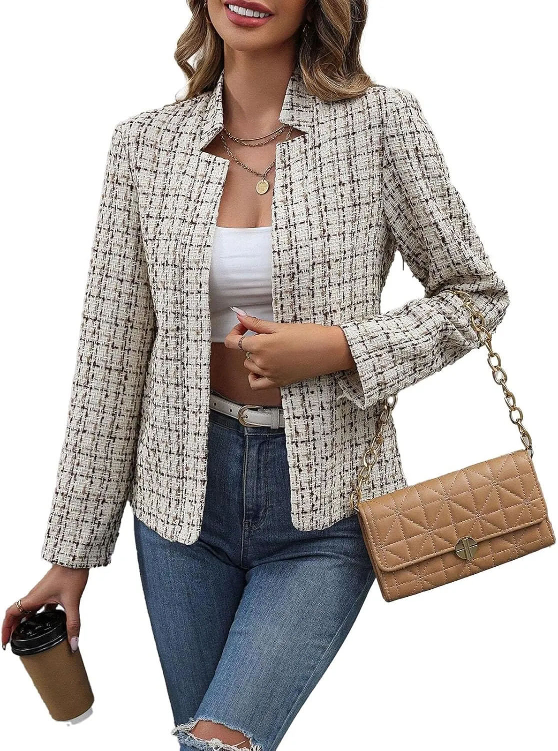 2025 Women's Tweed Blazer Lightweight Plaid Open-Front Stand-Collar Fully-Lined Casual Fashion Elegant Jacket