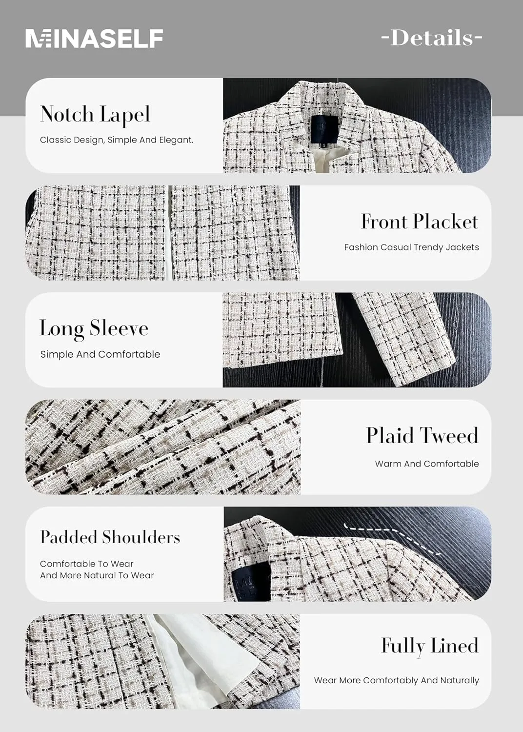 2025 Women's Tweed Blazer Lightweight Plaid Open-Front Stand-Collar Fully-Lined Casual Fashion Elegant Jacket