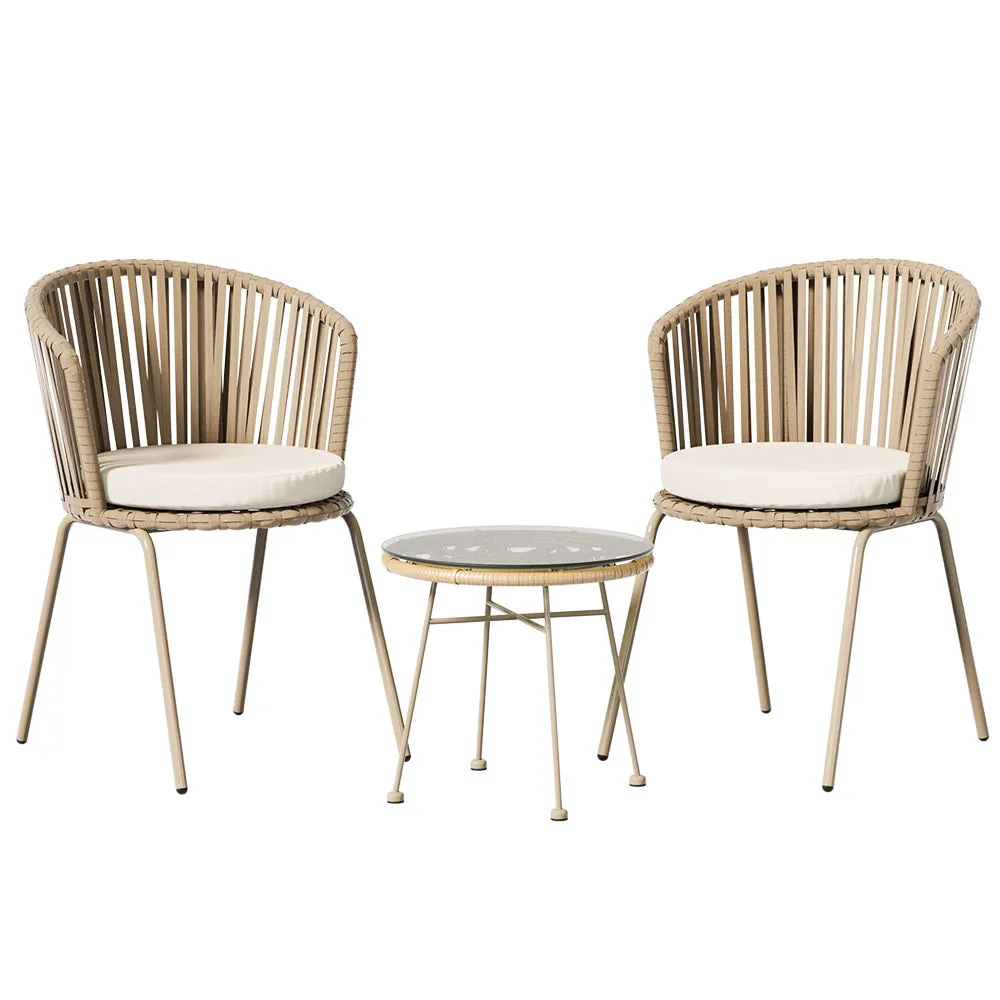 3PC Outdoor Bistro Set | Patio Furniture | Rope Setting Chairs Table | Beige