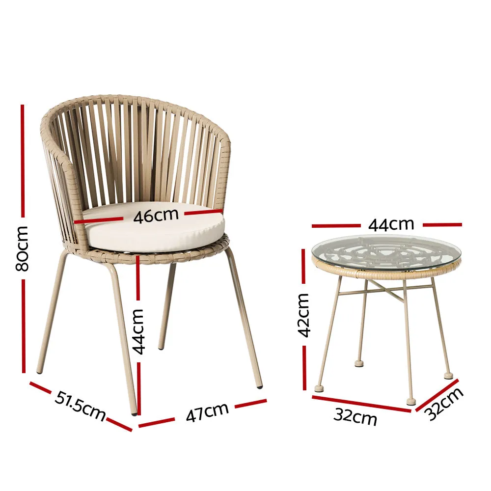 3PC Outdoor Bistro Set | Patio Furniture | Rope Setting Chairs Table | Beige