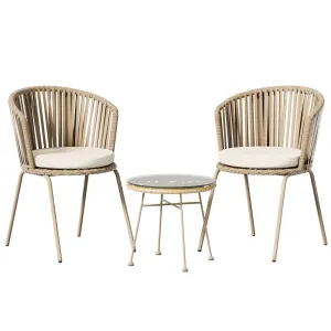 3PC Outdoor Bistro Set | Patio Furniture | Rope Setting Chairs Table | Beige