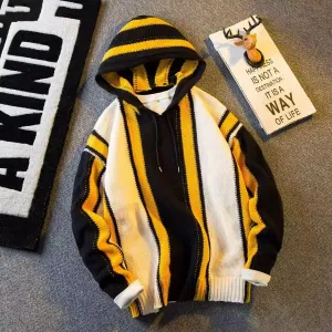Advbridge American Vintage Patchwork Striped Knitting Hoodie Men Autumn Winter Fashion Loose Hooded Sweatshirt High Street Sweater Warm
