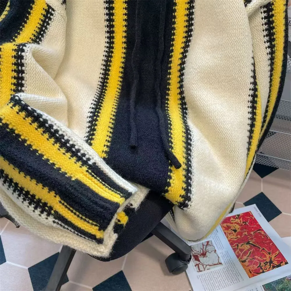 Advbridge American Vintage Patchwork Striped Knitting Hoodie Men Autumn Winter Fashion Loose Hooded Sweatshirt High Street Sweater Warm