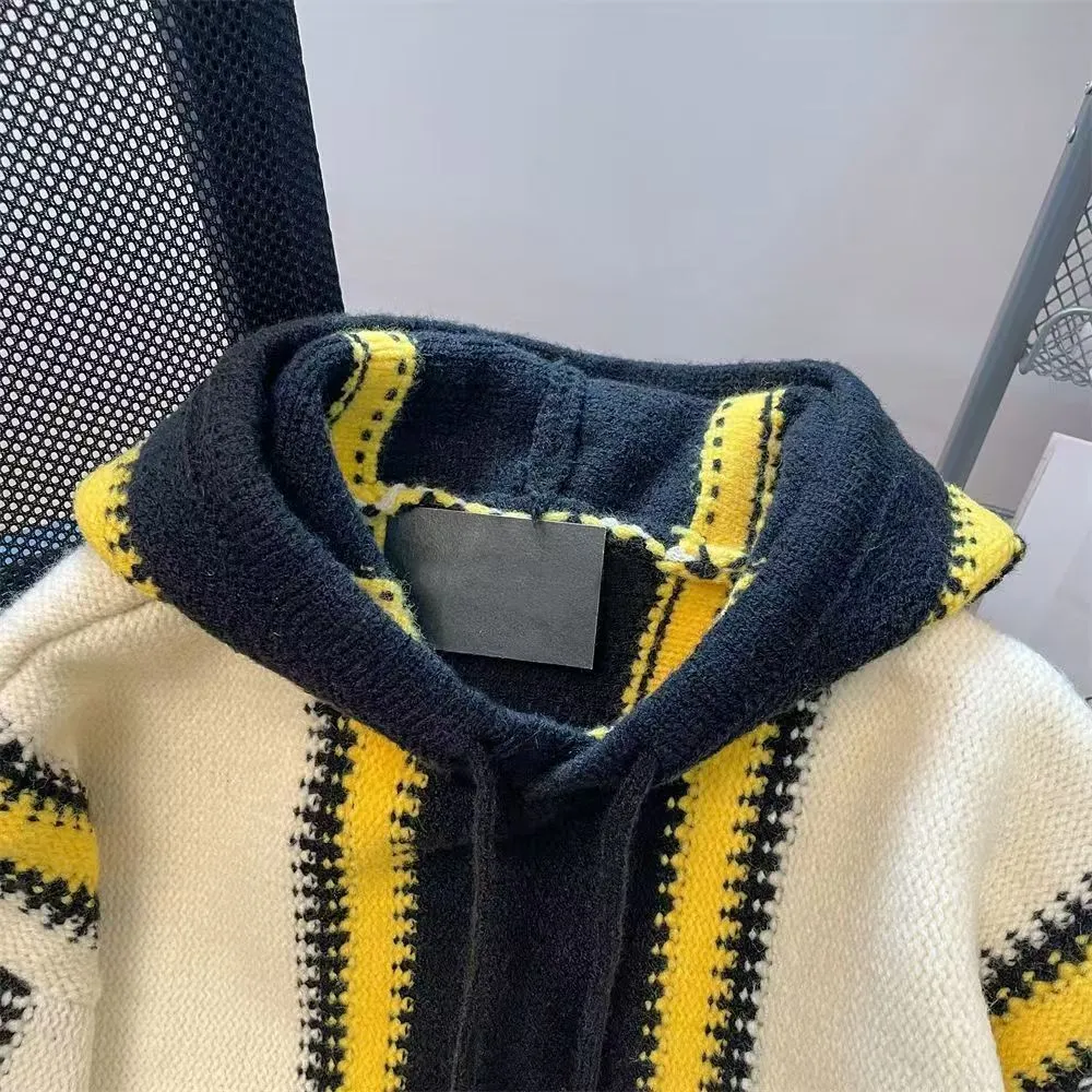 Advbridge American Vintage Patchwork Striped Knitting Hoodie Men Autumn Winter Fashion Loose Hooded Sweatshirt High Street Sweater Warm