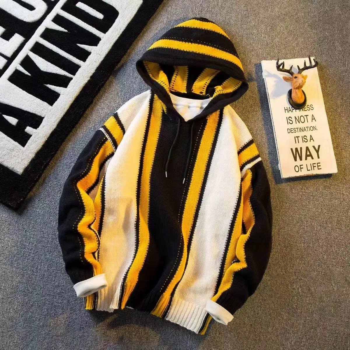 Advbridge American Vintage Patchwork Striped Knitting Hoodie Men Autumn Winter Fashion Loose Hooded Sweatshirt High Street Sweater Warm