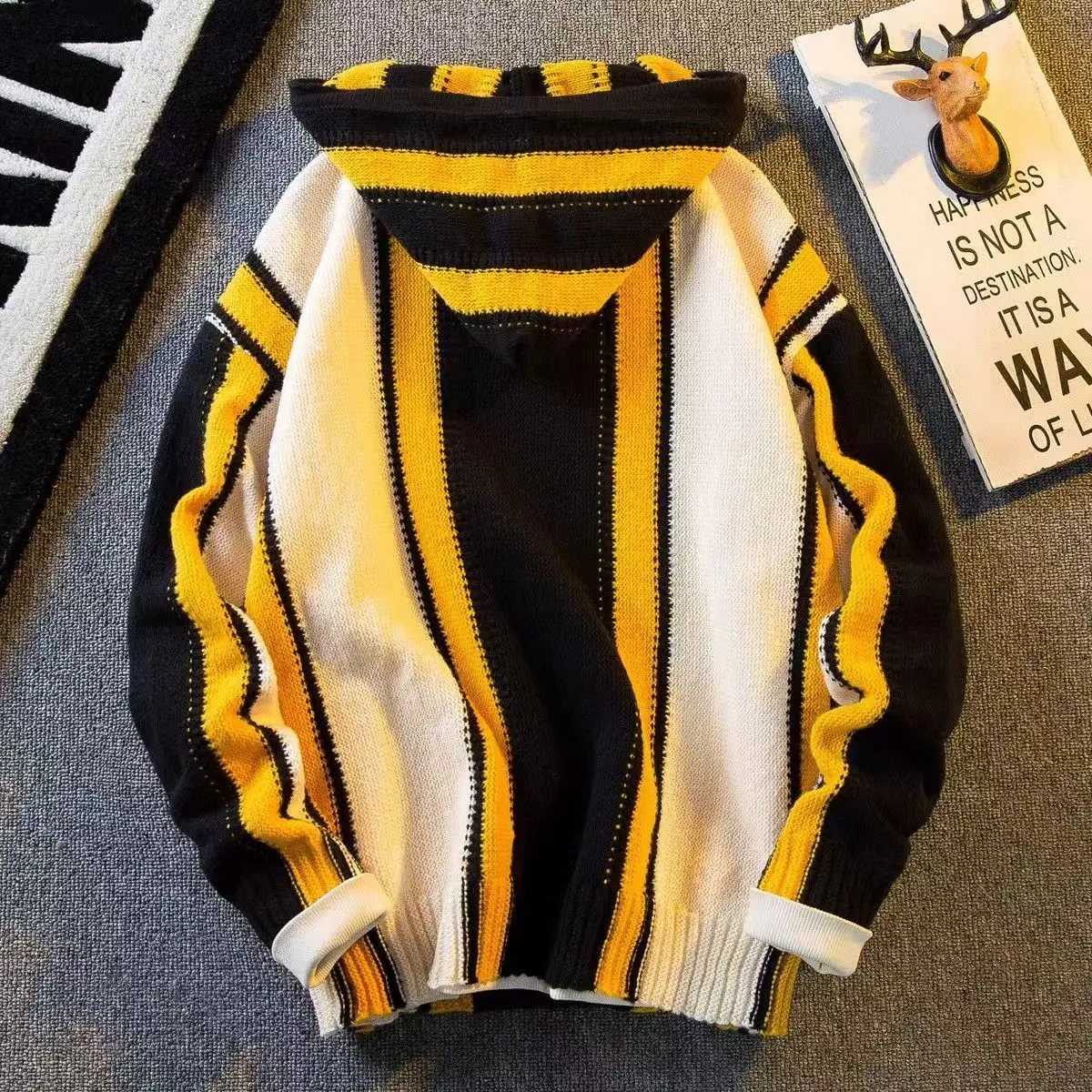 Advbridge American Vintage Patchwork Striped Knitting Hoodie Men Autumn Winter Fashion Loose Hooded Sweatshirt High Street Sweater Warm