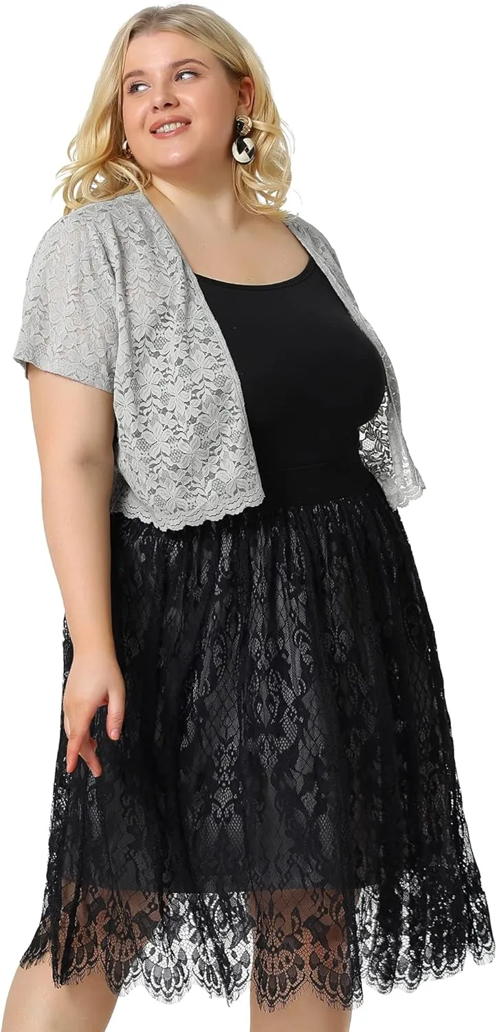 Agnes Orinda Plus Size Bolero Shrugs for Women Open Front Short Sleeve Crochet Lace Cropped Cardigans