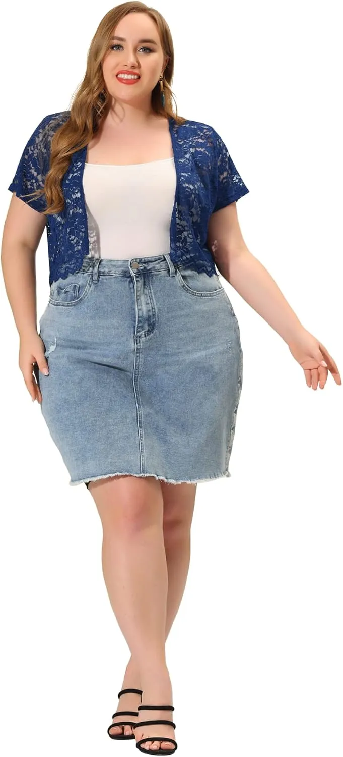 Agnes Orinda Plus Size Bolero Shrugs for Women Open Front Short Sleeve Crochet Lace Cropped Cardigans