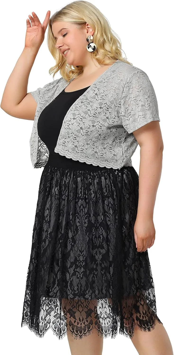 Agnes Orinda Plus Size Bolero Shrugs for Women Open Front Short Sleeve Crochet Lace Cropped Cardigans