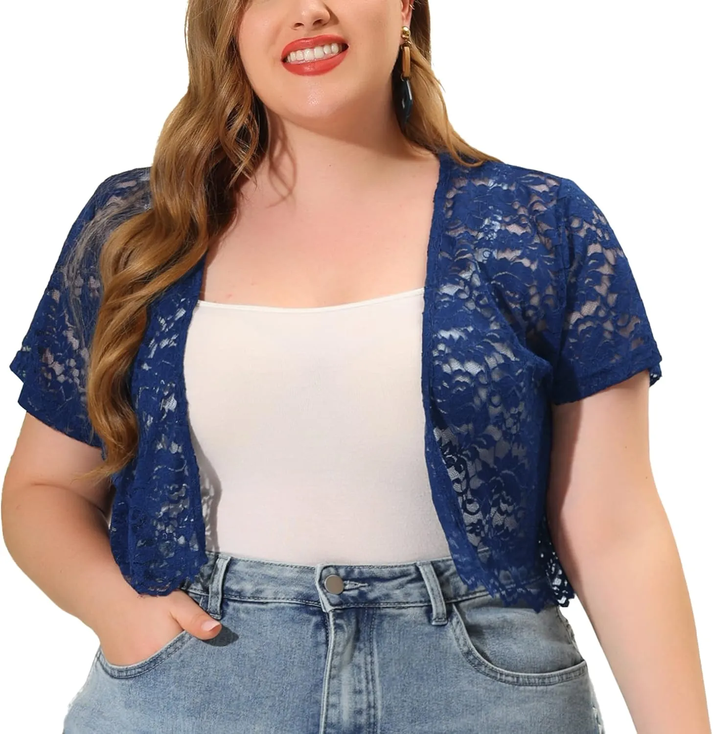 Agnes Orinda Plus Size Bolero Shrugs for Women Open Front Short Sleeve Crochet Lace Cropped Cardigans