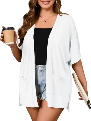 AusLook Plus Size Women's Knit Short Sleeve Lightweight Open Front Cardigans Shrugs Shawls and Wraps Jacket Coat with Pockets