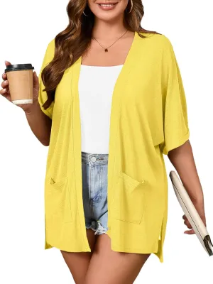 AusLook Plus Size Women's Knit Short Sleeve Lightweight Open Front Cardigans Shrugs Shawls and Wraps Jacket Coat with Pockets