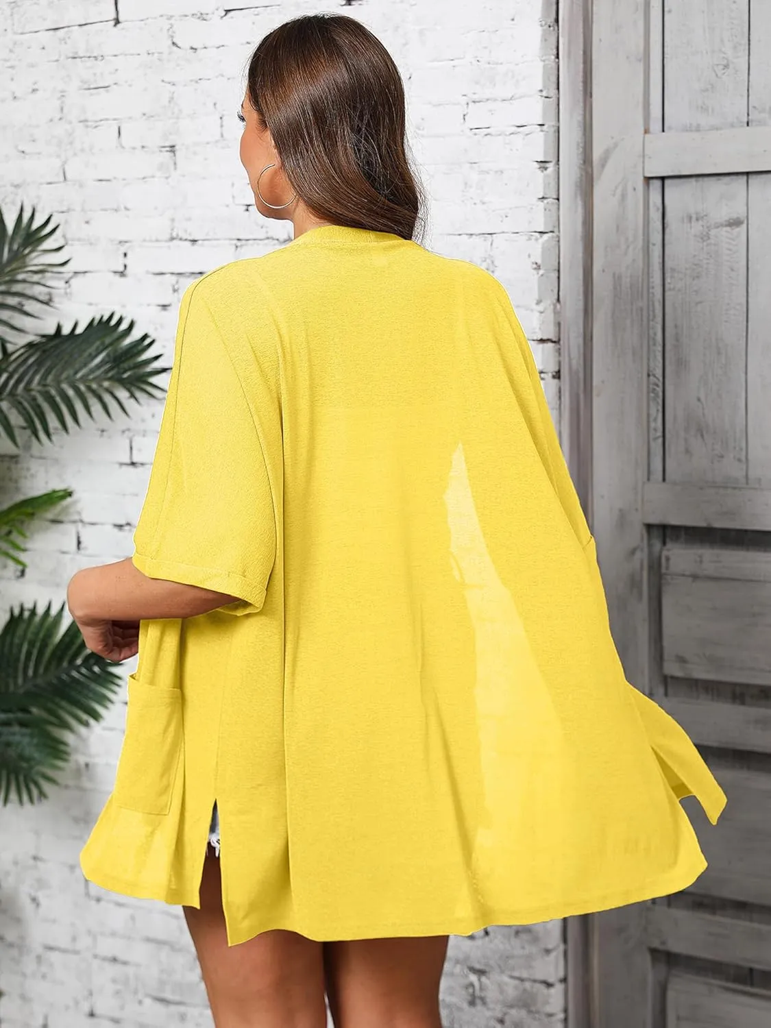 AusLook Plus Size Women's Knit Short Sleeve Lightweight Open Front Cardigans Shrugs Shawls and Wraps Jacket Coat with Pockets