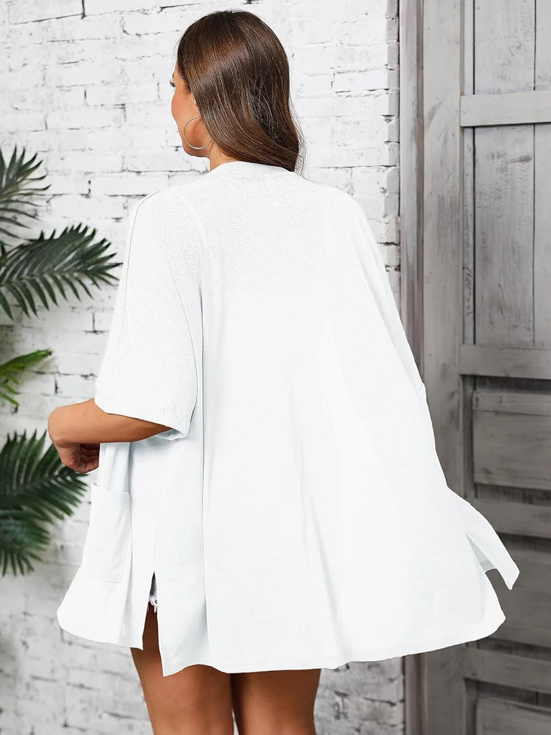 AusLook Plus Size Women's Knit Short Sleeve Lightweight Open Front Cardigans Shrugs Shawls and Wraps Jacket Coat with Pockets