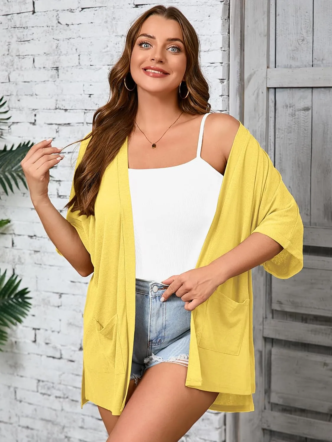 AusLook Plus Size Women's Knit Short Sleeve Lightweight Open Front Cardigans Shrugs Shawls and Wraps Jacket Coat with Pockets